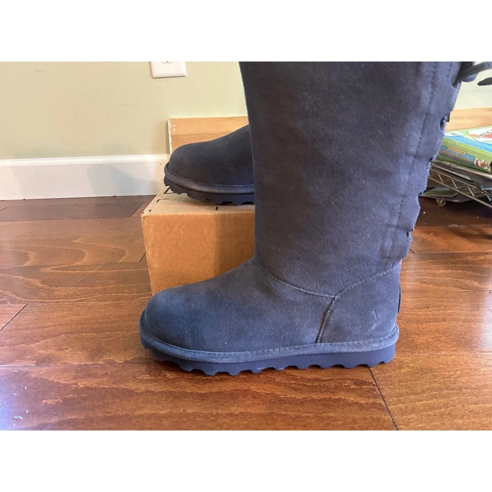 Bearpaw Women Charcoal Gray Suede Lace Back NeverWet Mid Calf Boots NWT Sz 7